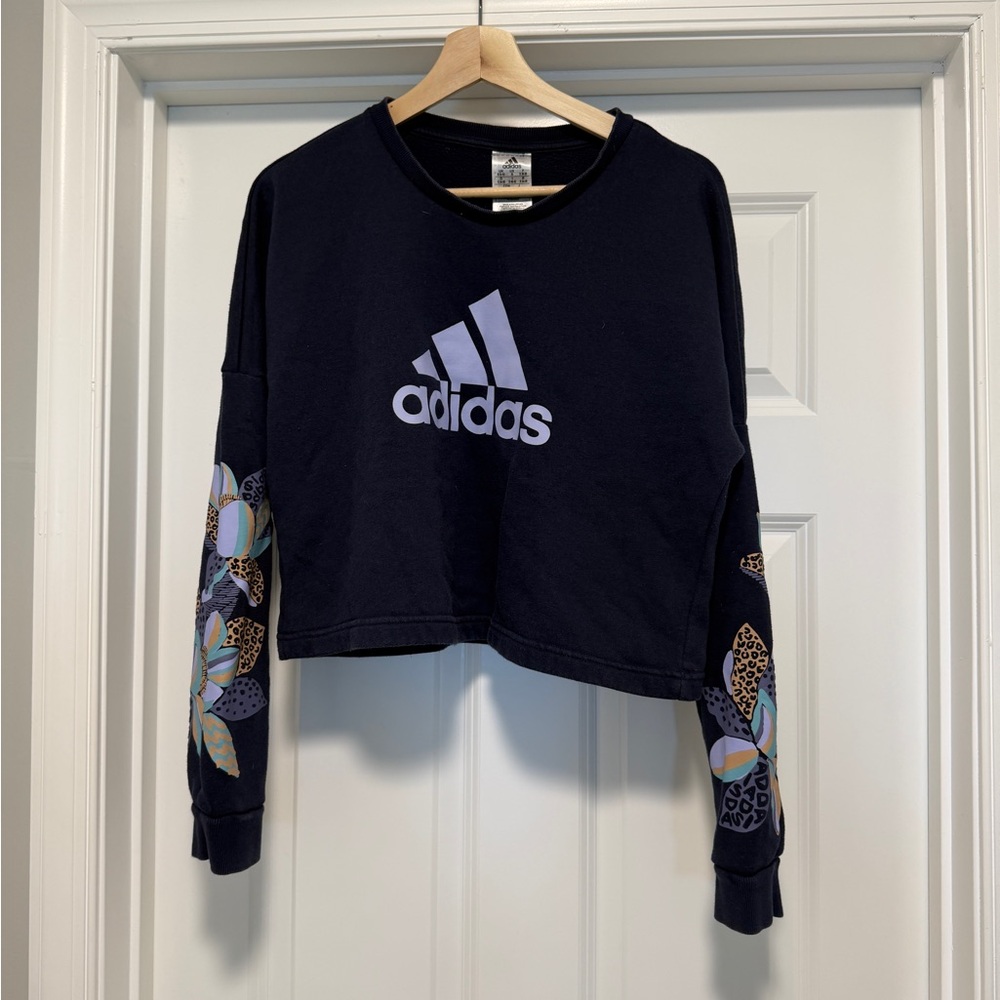 Adidas Cropped Graphic Sleeve Sweatshirt Navy Blue